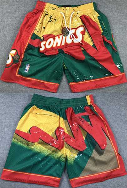 Mens Oklahoma City Thunder Green Yellow Red SuperSonics Shorts (Run Smaller)->nba shorts->NBA Jersey